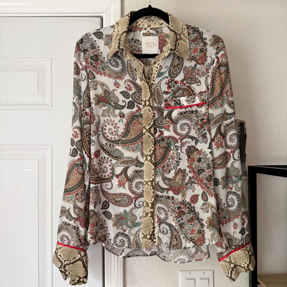 TWP white tan silk paisley floral snake python button up blouse shirt top